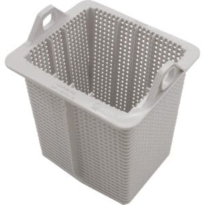Gray perforated plastic basket with handles.