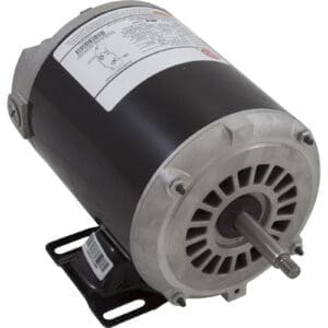 Electric motor with label and mounting base.