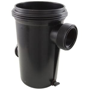 Black plastic swimming pool filter housing.