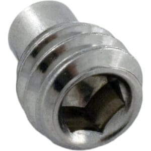 Metal threaded screw with hexagonal socket.