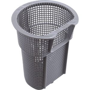 Gray plastic mesh basket for pool skimmer.