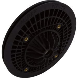 Black circular pool drain cover with grid design.