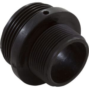 Black plastic threaded pipe fitting connector.