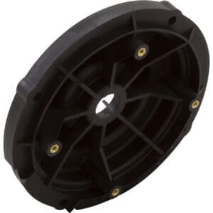 Black circular plastic component with four holes.