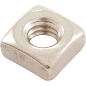 Square metal nut with threaded hole.