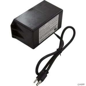 Black electrical transformer with power cord.