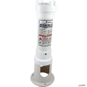 White pool chlorinator with label and base.