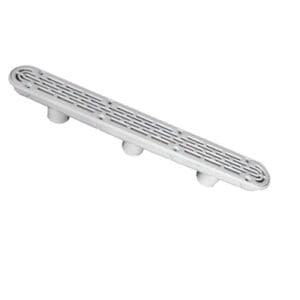 Long white floor drain with multiple outlets.