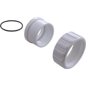 White plumbing fittings and black O-ring.