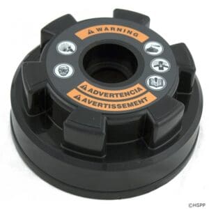 Black plastic cap with warning labels.