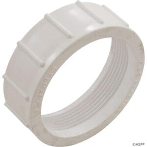 White plastic threaded pipe fitting ring.