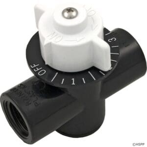 Black plastic water valve with white knob.