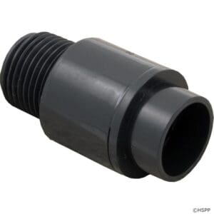 Plastic threaded pipe fitting, black, cylindrical shape.