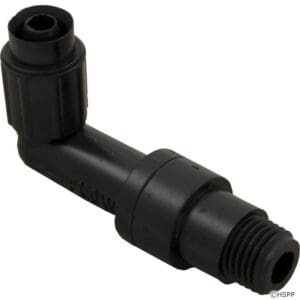 Black 90-degree elbow pipe fitting connector.