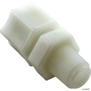 White plastic threaded pipe fitting adapter.