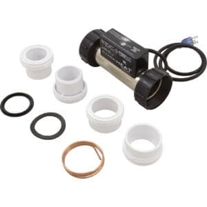 Pool heater assembly with various connectors.