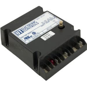 Black electronic control module with label.