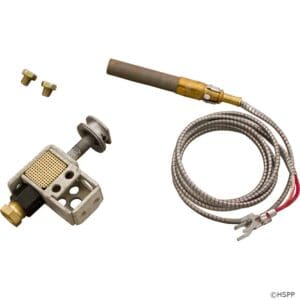 Gas burner assembly with igniter and fittings.