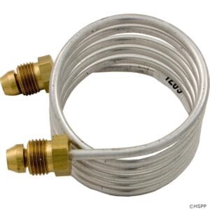 Coiled metal tube with brass fittings.