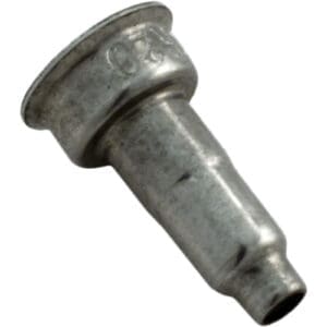 Metal hose barb fitting on white background.