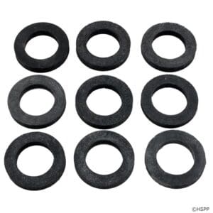 Nine black rubber washers arranged in rows.