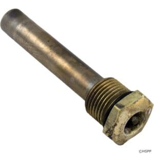 Metal bolt with threaded end and hex head.