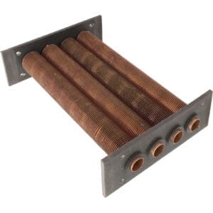 Three industrial copper coil heat exchangers.