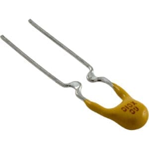 Yellow ceramic capacitor with two metal leads.