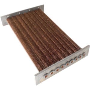 Copper finned tube heat exchanger on white background.