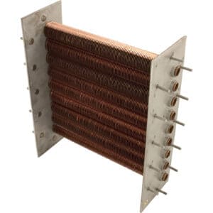 Copper coil heat exchanger with metal plates.