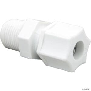 White plastic threaded pipe connector fitting.