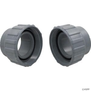 Gray PVC pipe connectors, threaded, two pieces.