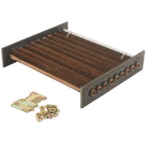 Copper coil heat exchanger with bolts.