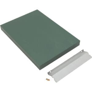 Green box with metal bracket and screws.