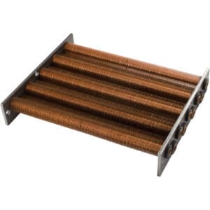 Copper heat exchanger with metal fins.