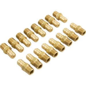 Brass fittings arranged in neat rows.