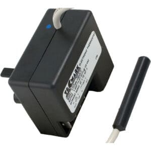 Black electronic thermostat with attached sensor probe.