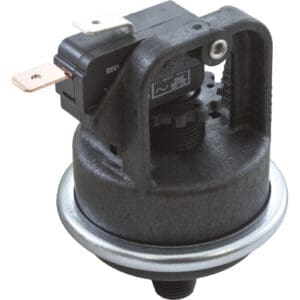 Pressure switch with metal and plastic components.