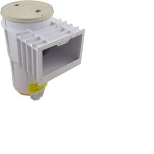 Pool skimmer with round lid, white exterior.