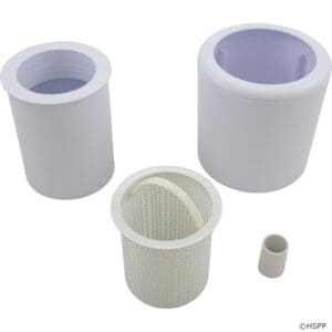 Four white plastic cylindrical containers, disassembled.