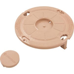 Round beige plastic pool drain cover.