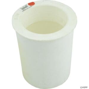 White plastic pipe coupling with label.