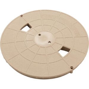 Beige round plastic lid with slots.