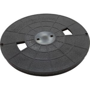 Round black plastic manhole cover.