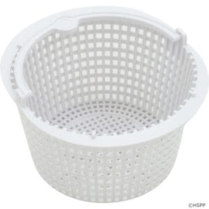 White perforated plastic basket, circular shape.
