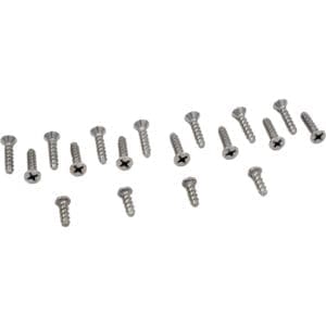 Assorted silver screws on white background.