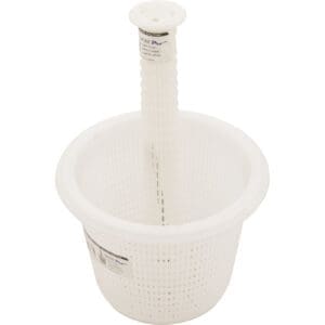 White pool skimmer basket with handle.