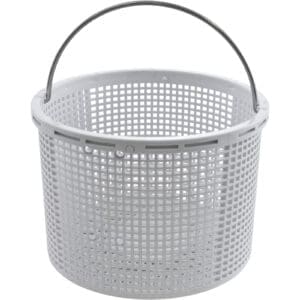 White mesh basket with metal handle.