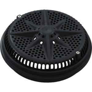Black circular pool drain cover.