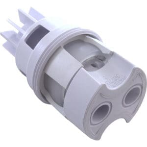 White plastic plumbing valve with multiple openings.